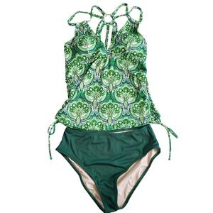 Cupshe Womens Green Paisley Tankini Set High Waisted Ribbed Swimsuit Large NEW